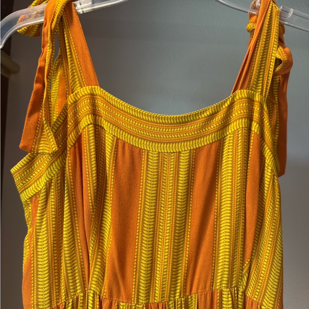 Sleeveless Orange & Yellow Striped Maxi Dress with Tie Straps